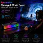 Person playing a video game with immersive gaming and movie sound features highlighted.