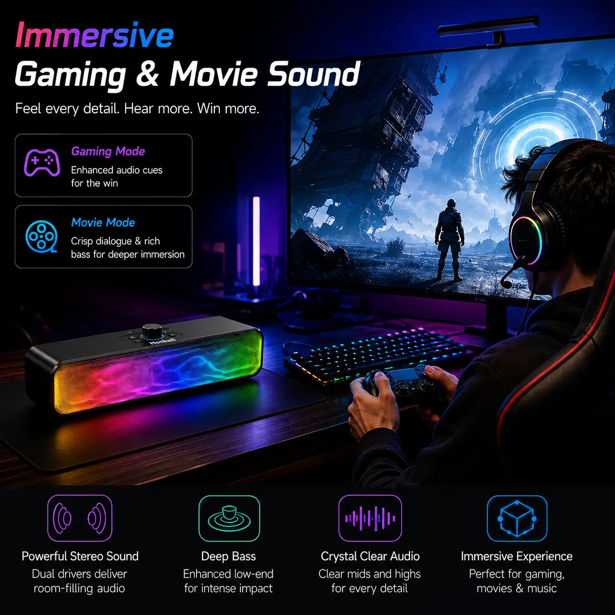 Person playing a video game with immersive gaming and movie sound features highlighted.