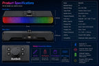 Product specifications of a LED speaker with features and connectivity options on a dark background.