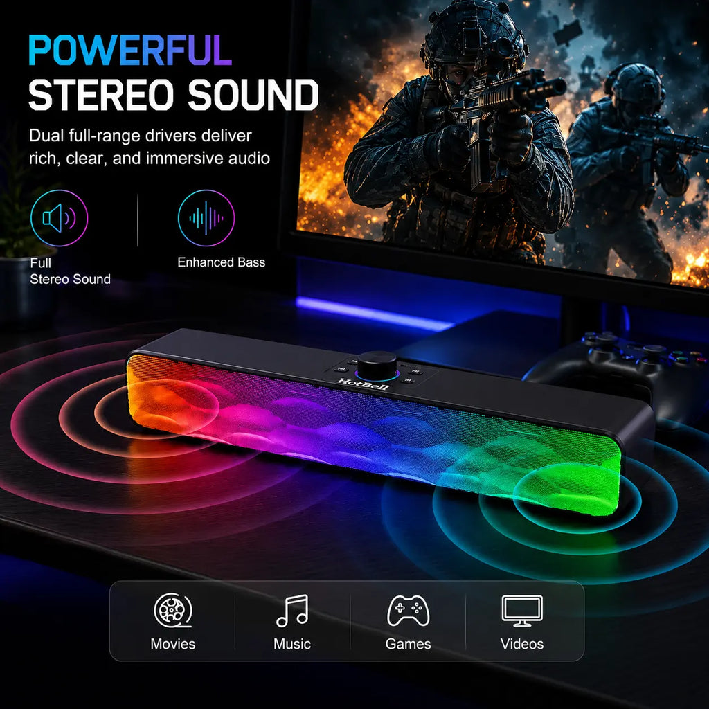 Gaming monitor with a soundbar and colorful LED lights, featuring text about stereo sound quality.