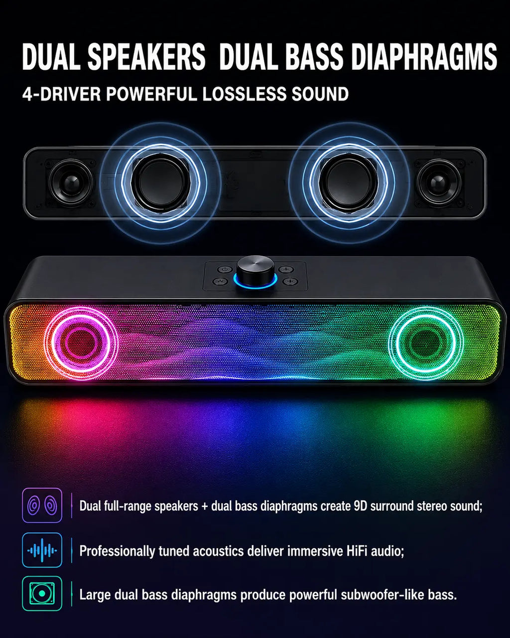 Gaming soundbar with RGB lighting and text highlighting features on a black background