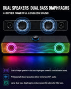 Gaming soundbar with RGB lighting and text highlighting features on a black background