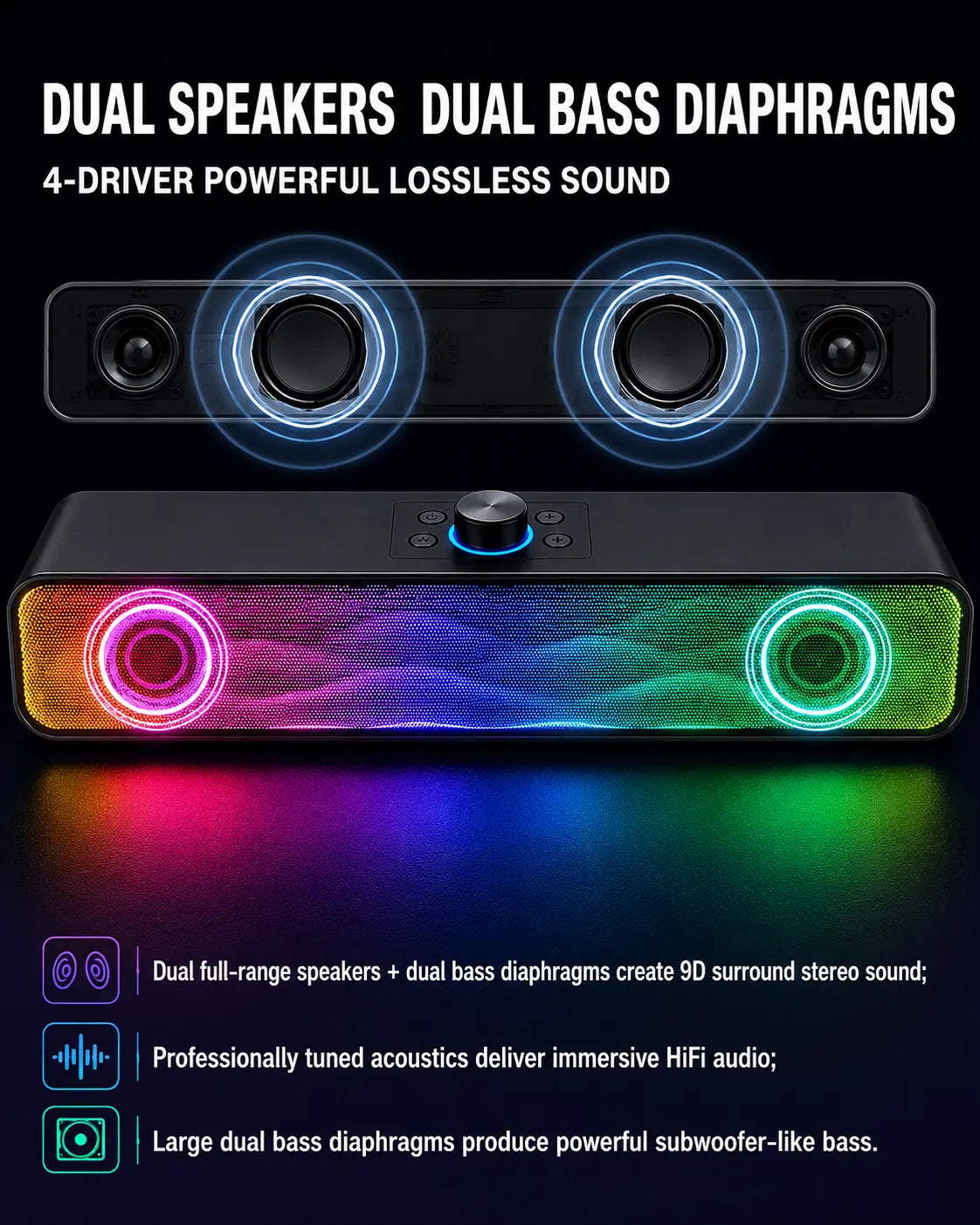 Gaming soundbar with RGB lighting and text highlighting features on a black background