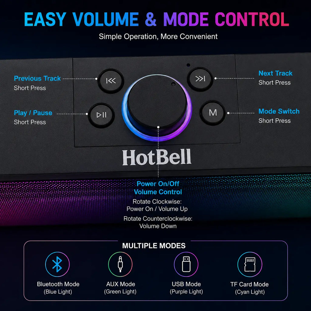 Control panel with volume and mode control features for a device branded 'HotBell'.