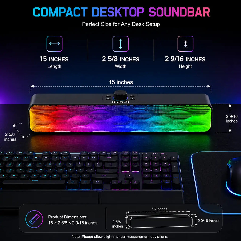Compact desktop soundbar with dimensions and color display on a desk setup.