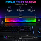 Compact desktop soundbar with dimensions and color display on a desk setup.