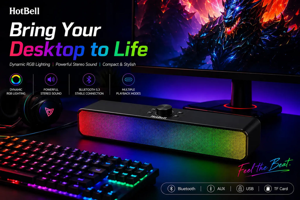 Gaming setup with RGB lighting, keyboard, and monitor featuring HotBell branding.