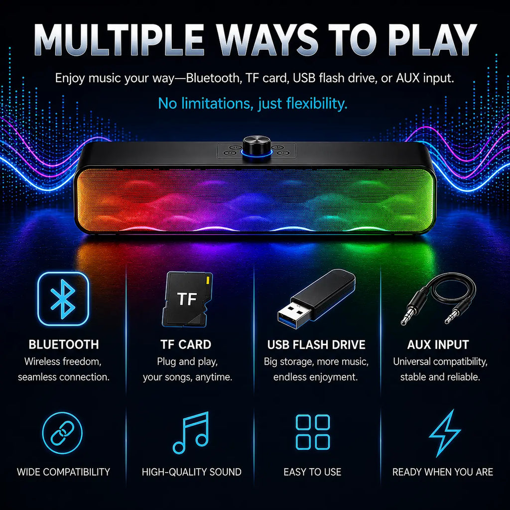 Multimedia device with RGB lighting and connectivity options on a dark background