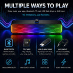 Multimedia device with RGB lighting and connectivity options on a dark background
