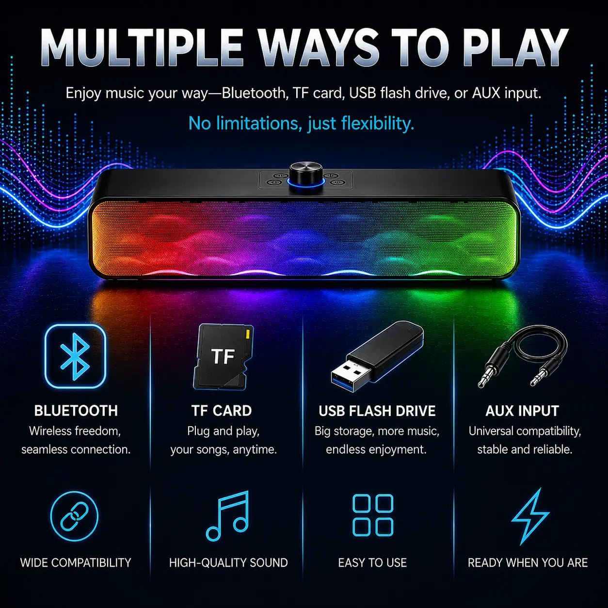 Multimedia device with RGB lighting and connectivity options on a dark background
