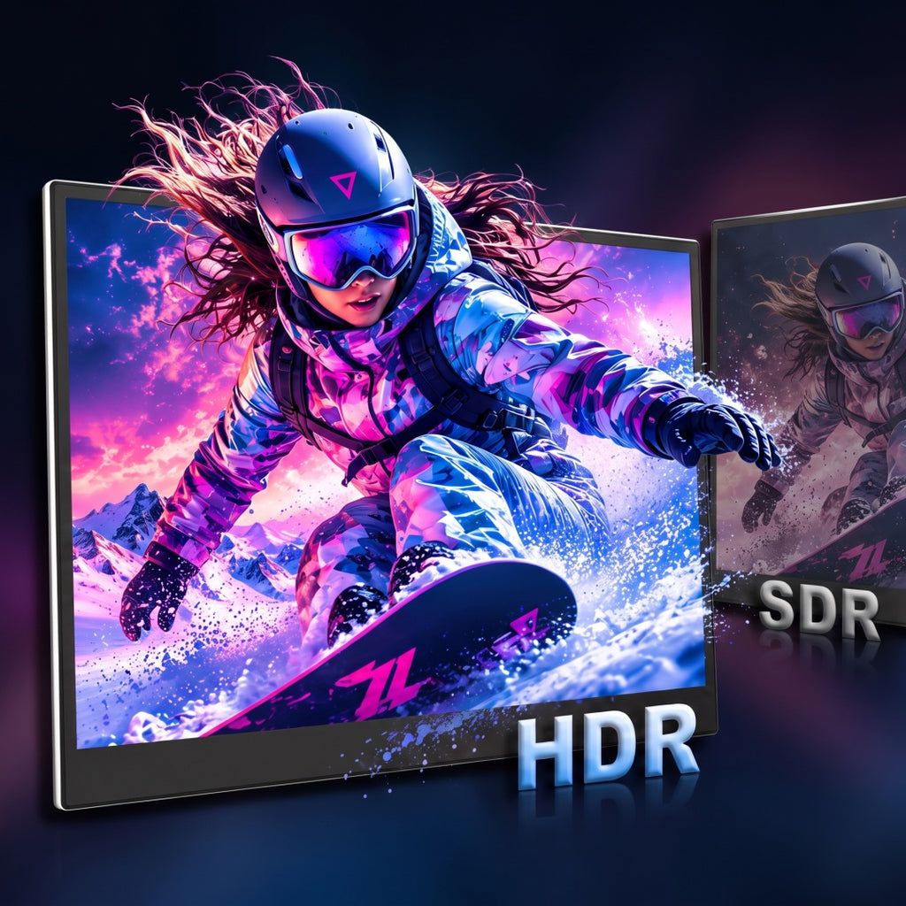 HotBell S8 Ultra laptop monitor extender graphic comparing HDR and SDR display rendering with brighter highlights and enhanced image detail.