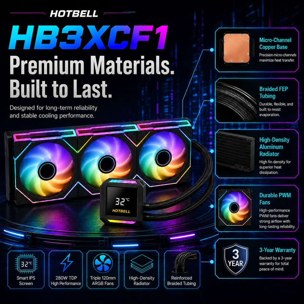HotBell HB3XCF1 360mm AIO CPU cooler with micro-channel copper base, braided tubing, aluminum radiator, PWM fans, and IPS screen.
