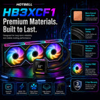 HotBell HB3XCF1 360mm AIO CPU cooler with micro-channel copper base, braided tubing, aluminum radiator, PWM fans, and IPS screen.