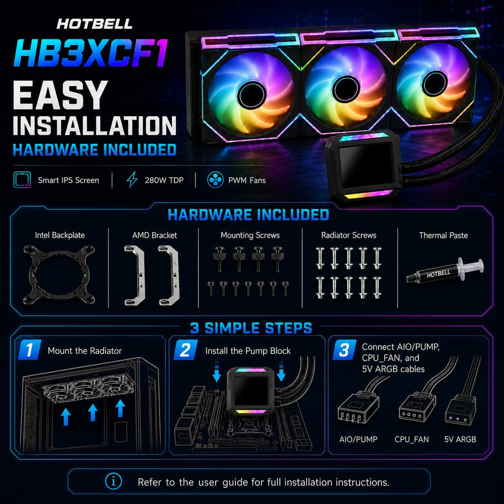 HotBell HB3XCF1 360mm AIO liquid CPU cooler installation guide with included brackets, screws, thermal paste, and cable connections.
