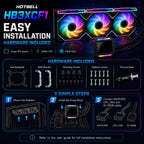 HotBell HB3XCF1 360mm AIO liquid CPU cooler installation guide with included brackets, screws, thermal paste, and cable connections.