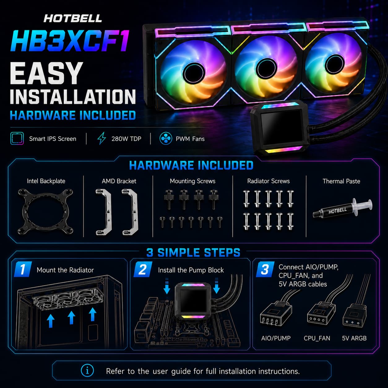 HotBell HB3XCF1 360mm AIO liquid CPU cooler installation guide with included brackets, screws, thermal paste, and cable connections.