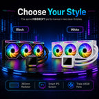Black and white HotBell HB3XCF1 360mm ARGB liquid CPU coolers with smart IPS screens and triple 120mm RGB fans.