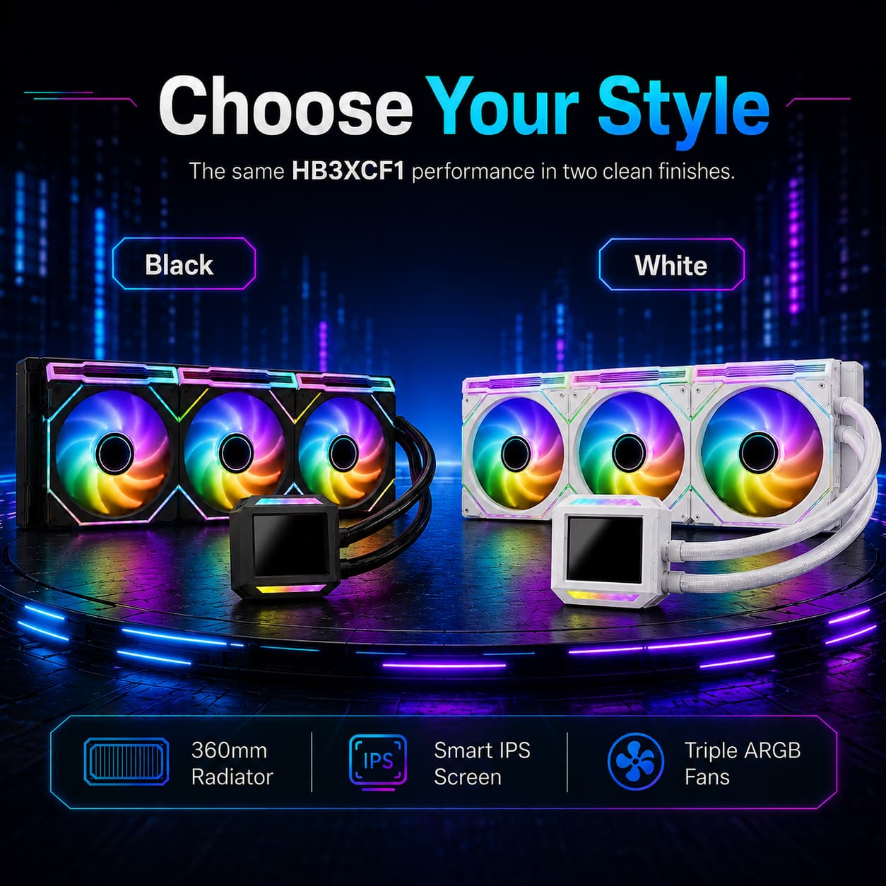 Black and white HotBell HB3XCF1 360mm ARGB liquid CPU coolers with smart IPS screens and triple 120mm RGB fans.