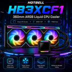 HotBell HB3XCF1 360mm ARGB liquid CPU cooler with smart IPS screen, 280W TDP support, triple PWM fans, and high-density radiator.