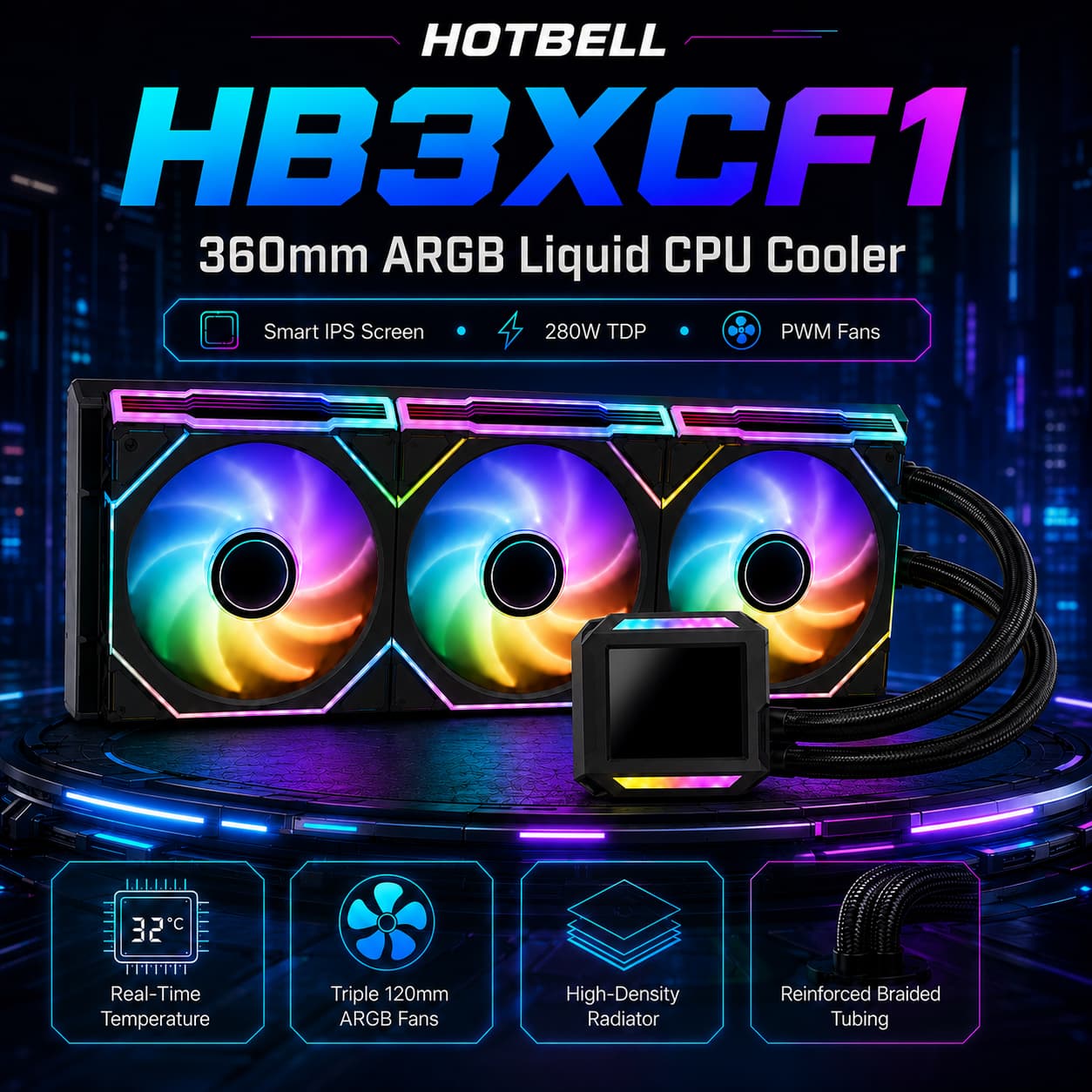 HotBell HB3XCF1 360mm ARGB liquid CPU cooler with smart IPS screen, 280W TDP support, triple PWM fans, and high-density radiator.