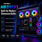 HotBell HB3XCF1 360mm ARGB liquid CPU cooler installed in a modern gaming PC with triple RGB fans and visible smart IPS screen.