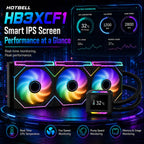HotBell HB3XCF1 360mm liquid CPU cooler with smart IPS screen displaying CPU temperature, fan speed, pump speed, and system usage.
