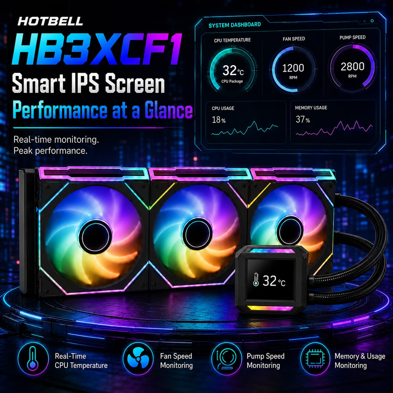 HotBell HB3XCF1 360mm liquid CPU cooler with smart IPS screen displaying CPU temperature, fan speed, pump speed, and system usage.