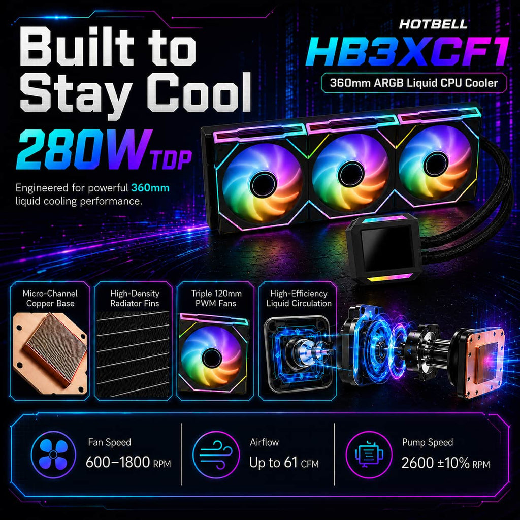 HotBell HB3XCF1 360mm ARGB AIO cooler with 280W TDP support, copper base, high-density radiator, PWM fans, and 61 CFM airflow.