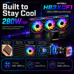 HotBell HB3XCF1 360mm ARGB AIO cooler with 280W TDP support, copper base, high-density radiator, PWM fans, and 61 CFM airflow.