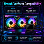 HotBell HB3XCF1 360mm ARGB liquid CPU cooler compatible with Intel LGA1700, 1200, 115x, 1366 and AMD AM5, AM4, AM3, and AM2.
