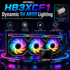 HotBell HB3XCF1 360mm liquid CPU cooler with 5V 3-pin ARGB connector, synchronized lighting, and triple RGB fans.