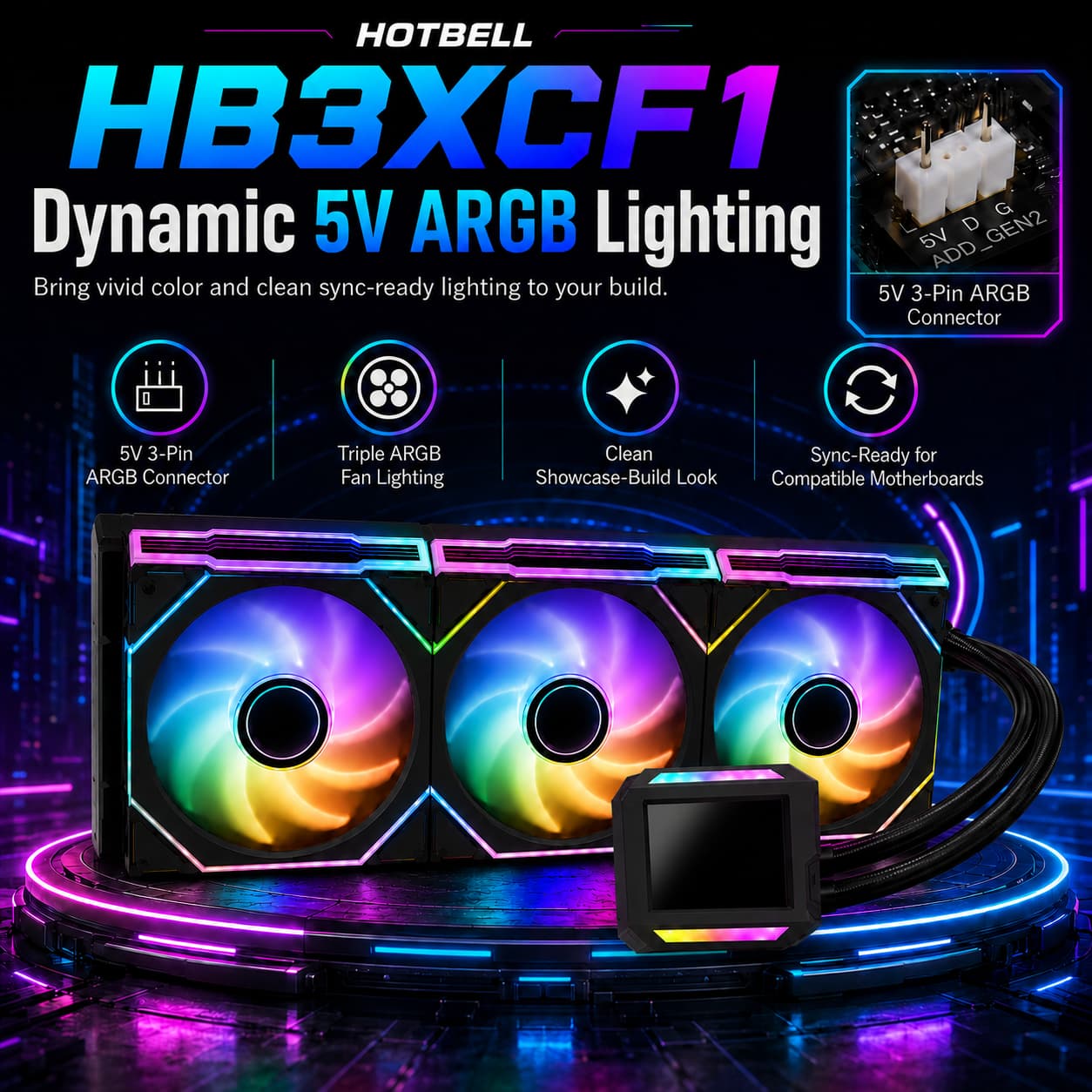 HotBell HB3XCF1 360mm liquid CPU cooler with 5V 3-pin ARGB connector, synchronized lighting, and triple RGB fans.