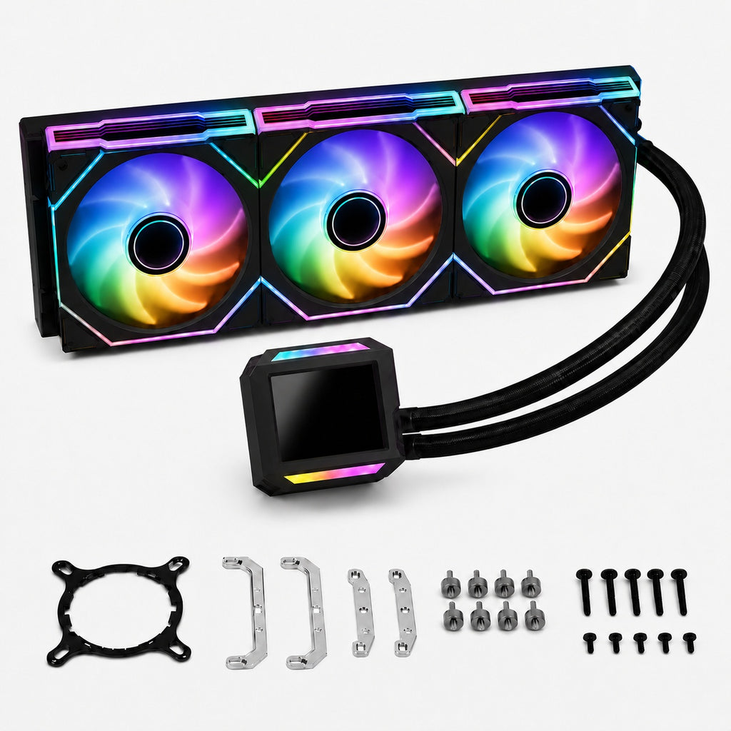 HotBell HB3XCF1 360mm ARGB liquid CPU cooler with triple 120mm fans, smart IPS screen, braided tubing, and mounting hardware.