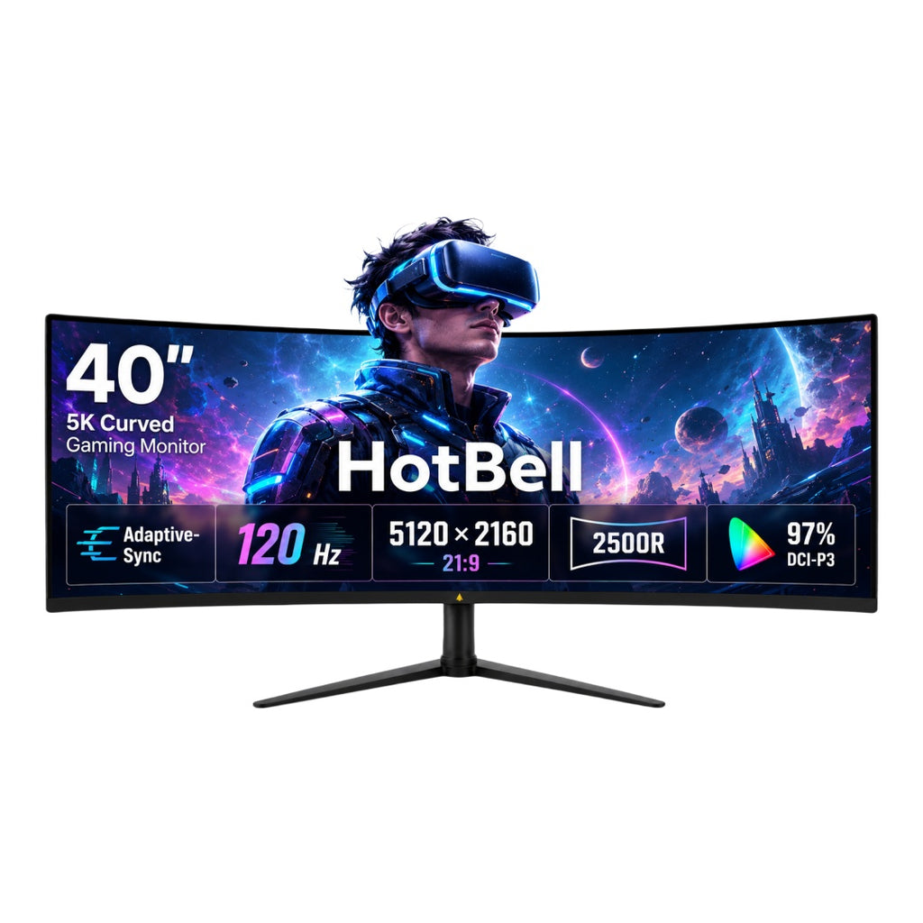 HotBell 40-inch 5K curved gaming monitor with 120Hz refresh rate, 2500R curvature, Adaptive-Sync, and 97% DCI-P3