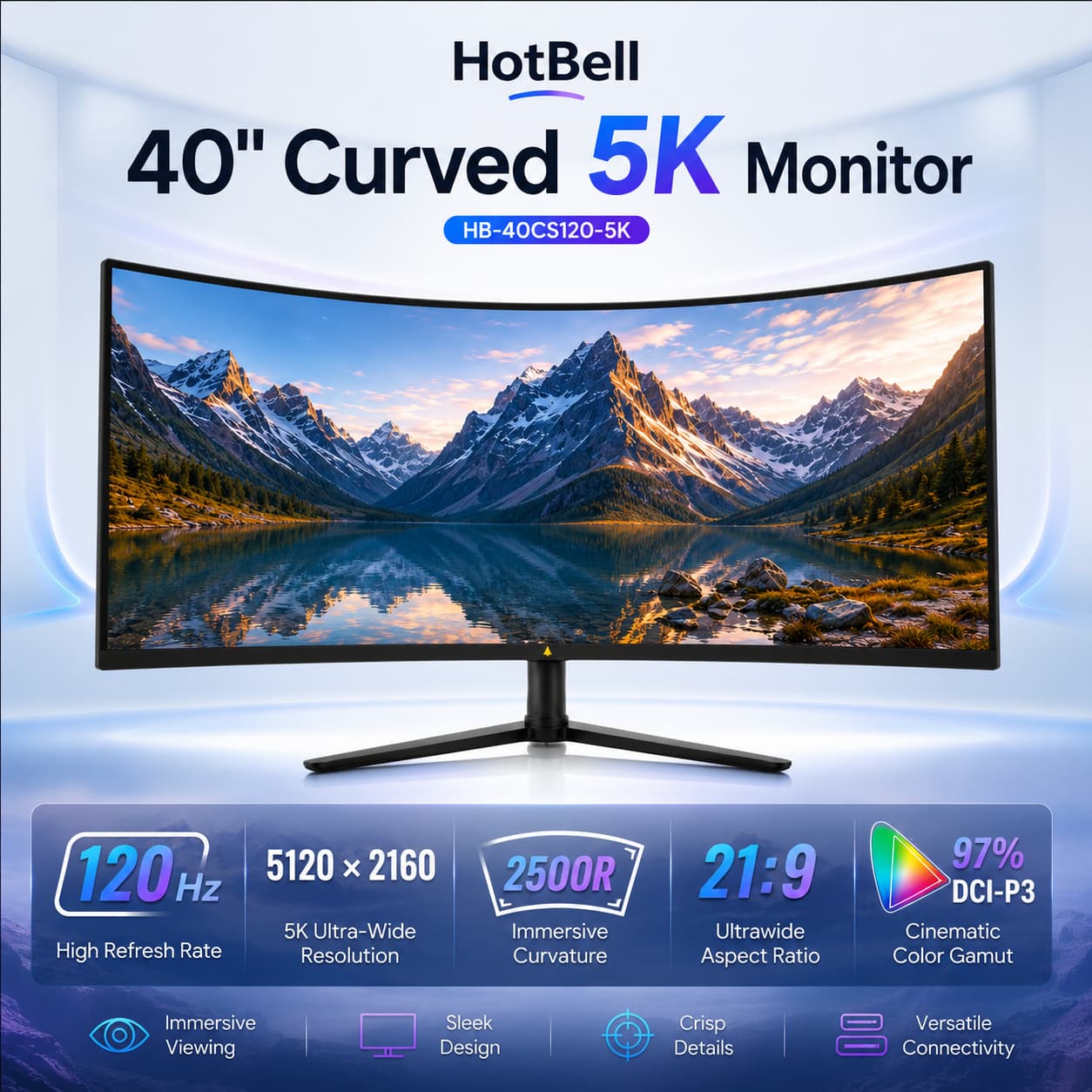 HotBell HB-40CS120-5K 40-inch curved 5K monitor with 5120 x 2160 resolution, 120Hz refresh rate, and 21:9 aspect ratio