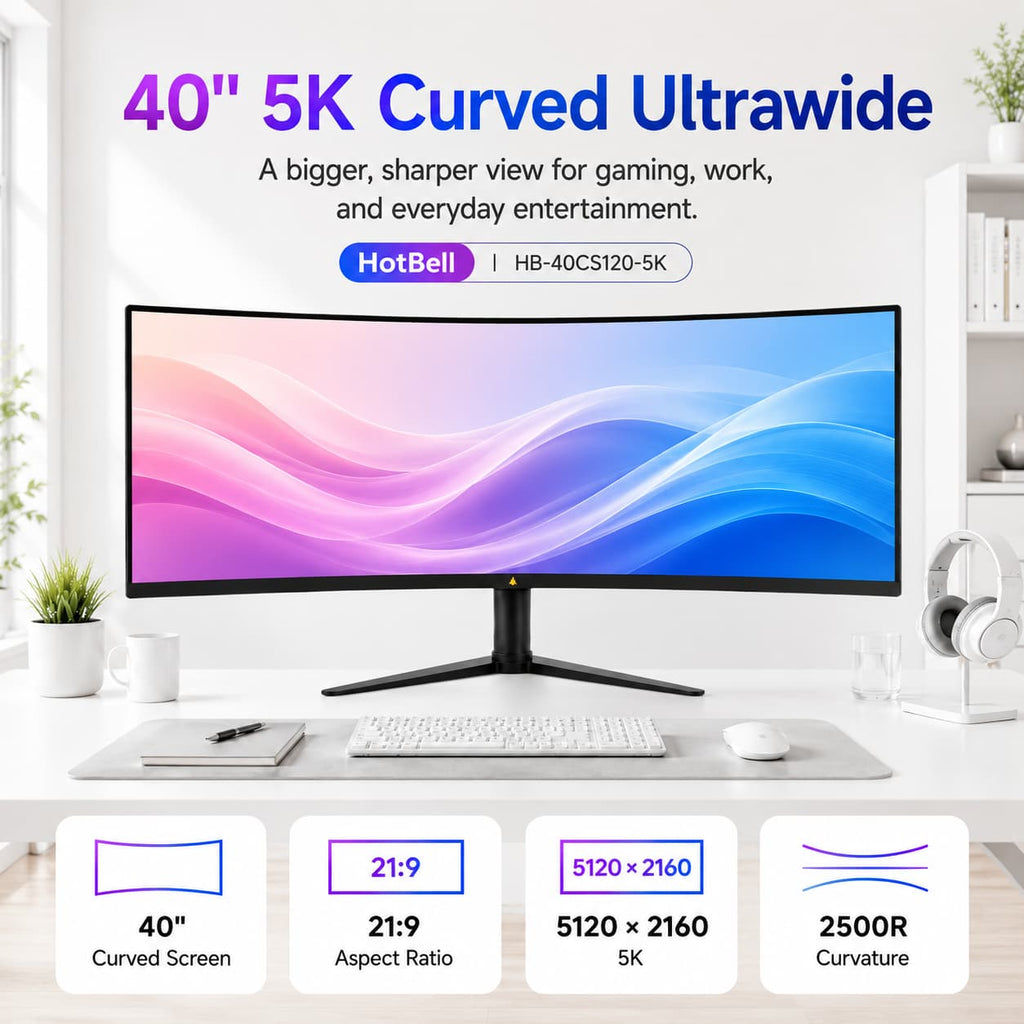 HotBell 40-inch 5K curved ultrawide monitor in a bright office setup with 21:9 aspect ratio and 2500R curvature