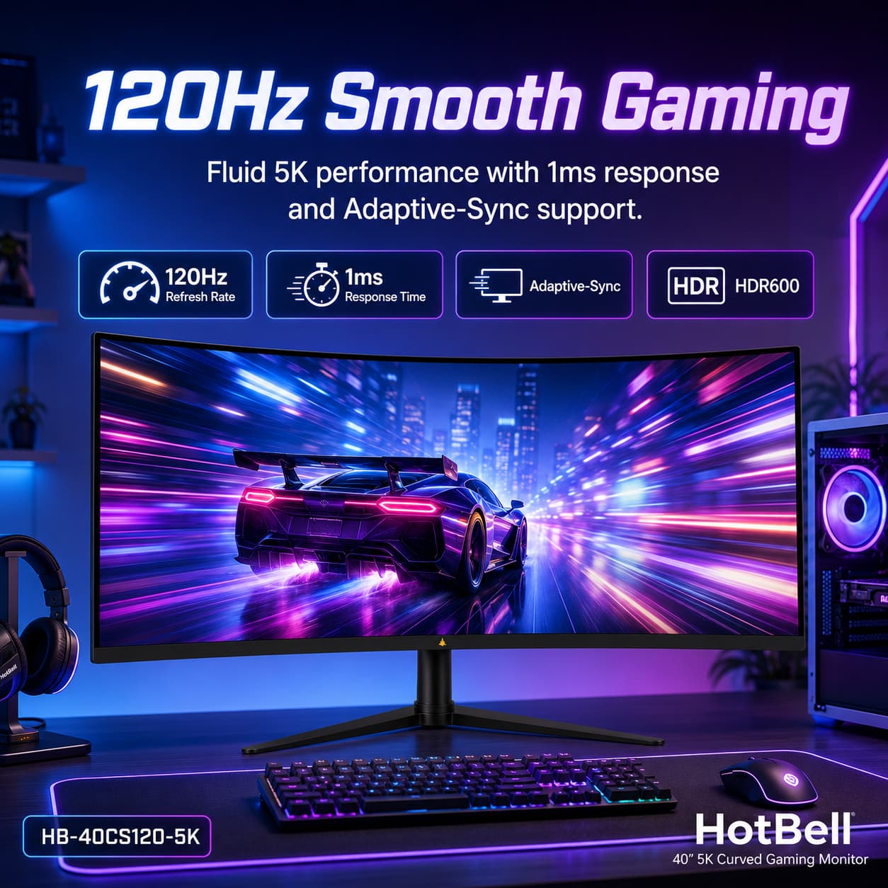 HotBell HB-40CS120-5K curved gaming monitor in an RGB desktop setup with 120Hz, 1ms response time, Adaptive-Sync, and HDR600