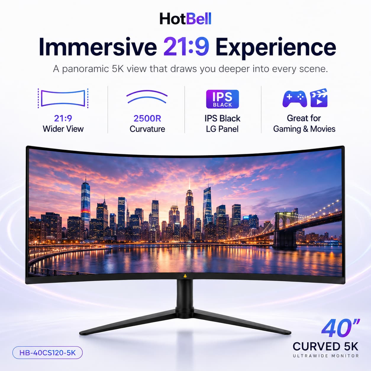 HotBell 40-inch 5K curved ultrawide monitor with 21:9 viewing, 2500R curvature, IPS Black panel, and black stand