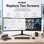 HotBell 40-inch curved ultrawide monitor displaying a multi-window workspace for PBP, PIP, meetings, work, and entertainment