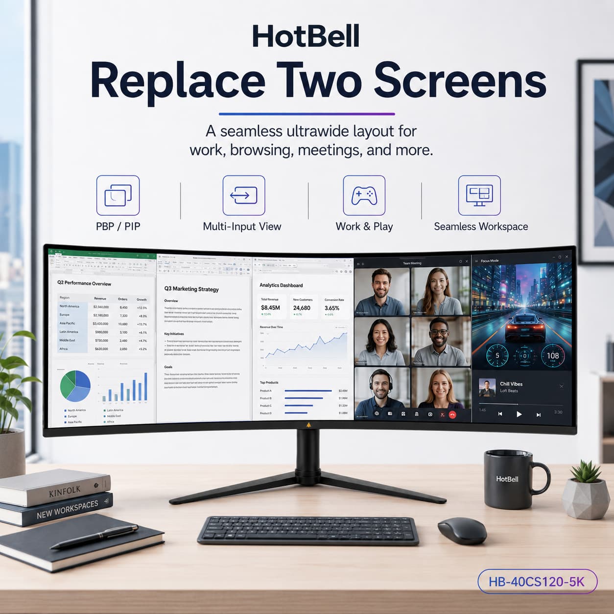 HotBell 40-inch curved ultrawide monitor displaying a multi-window workspace for PBP, PIP, meetings, work, and entertainment