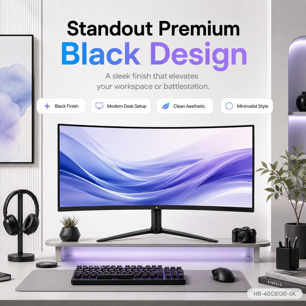 HotBell HB-40CS120-5K black curved monitor in a modern home office with a minimalist stand, keyboard, mouse, and headphones