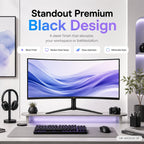 HotBell HB-40CS120-5K black curved monitor in a modern home office with a minimalist stand, keyboard, mouse, and headphones