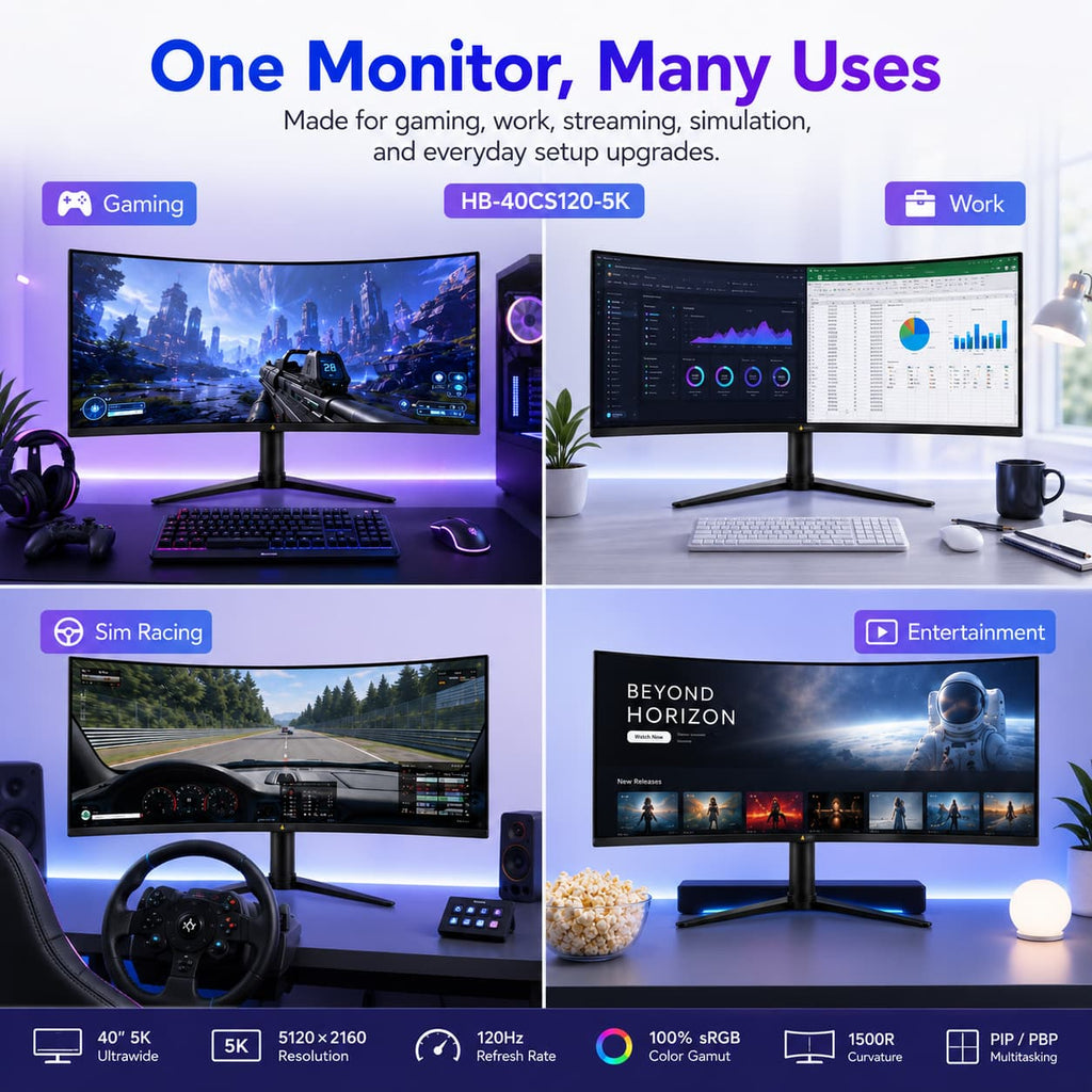 HotBell 40-inch 5K curved ultrawide monitor shown in gaming, work, sim racing, and entertainment setups