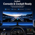 HotBell curved ultrawide gaming monitor in a racing cockpit setup with steering wheel, shifter, flight controls, and console