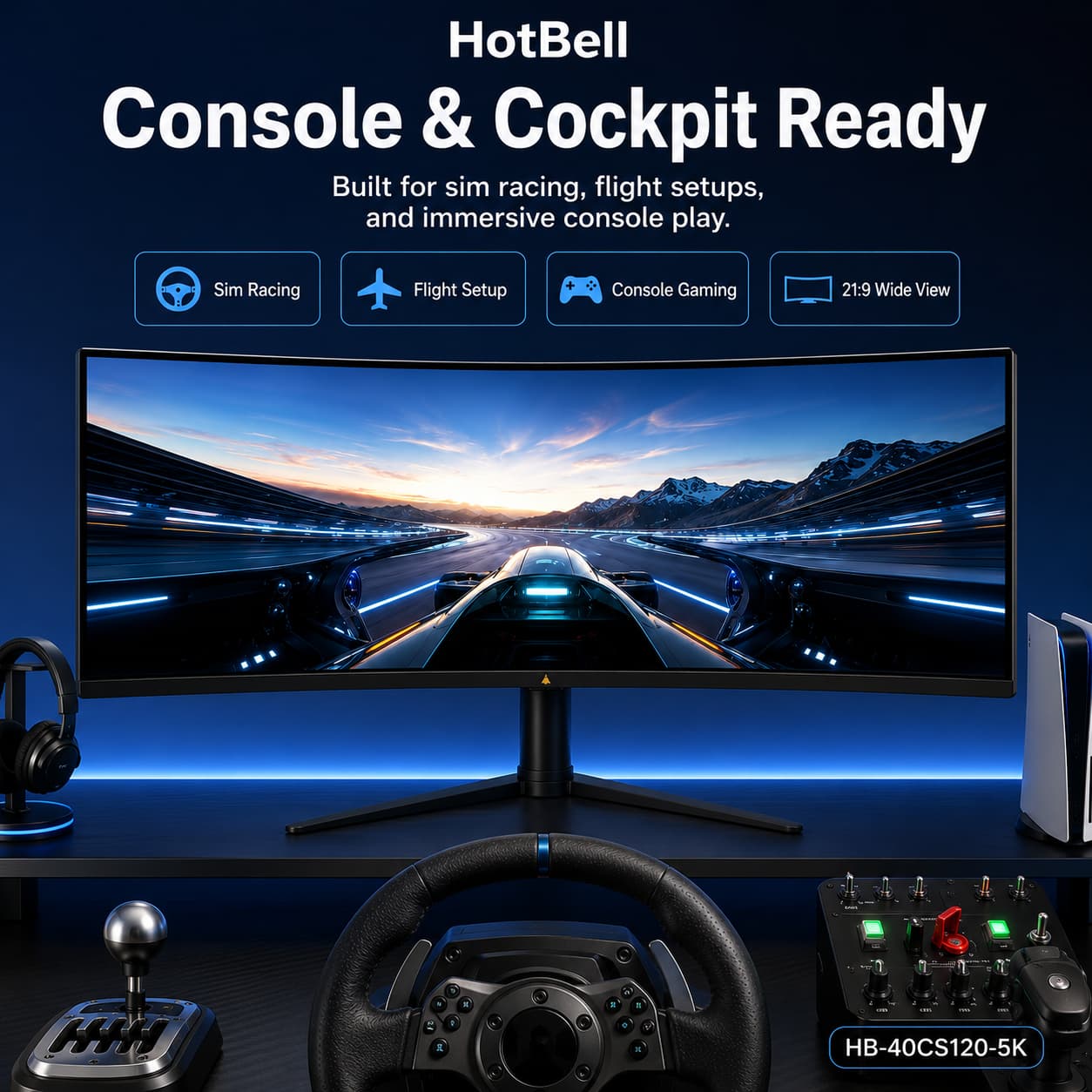 HotBell curved ultrawide gaming monitor in a racing cockpit setup with steering wheel, shifter, flight controls, and console