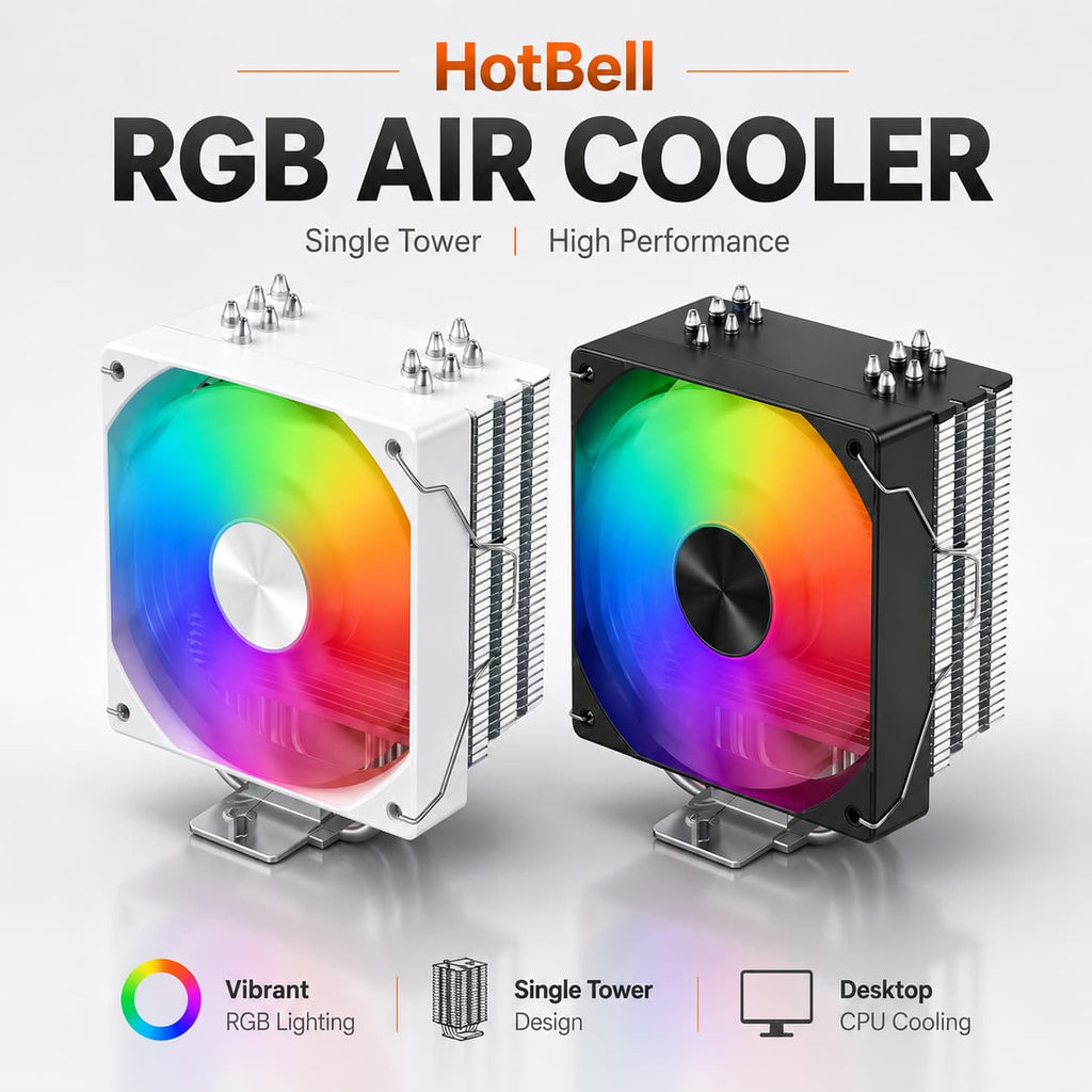 Black and white HotBell single-tower RGB CPU air coolers with illuminated 120mm fans for desktop PC builds.