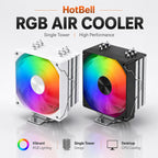 Black and white HotBell single-tower RGB CPU air coolers with illuminated 120mm fans for desktop PC builds.