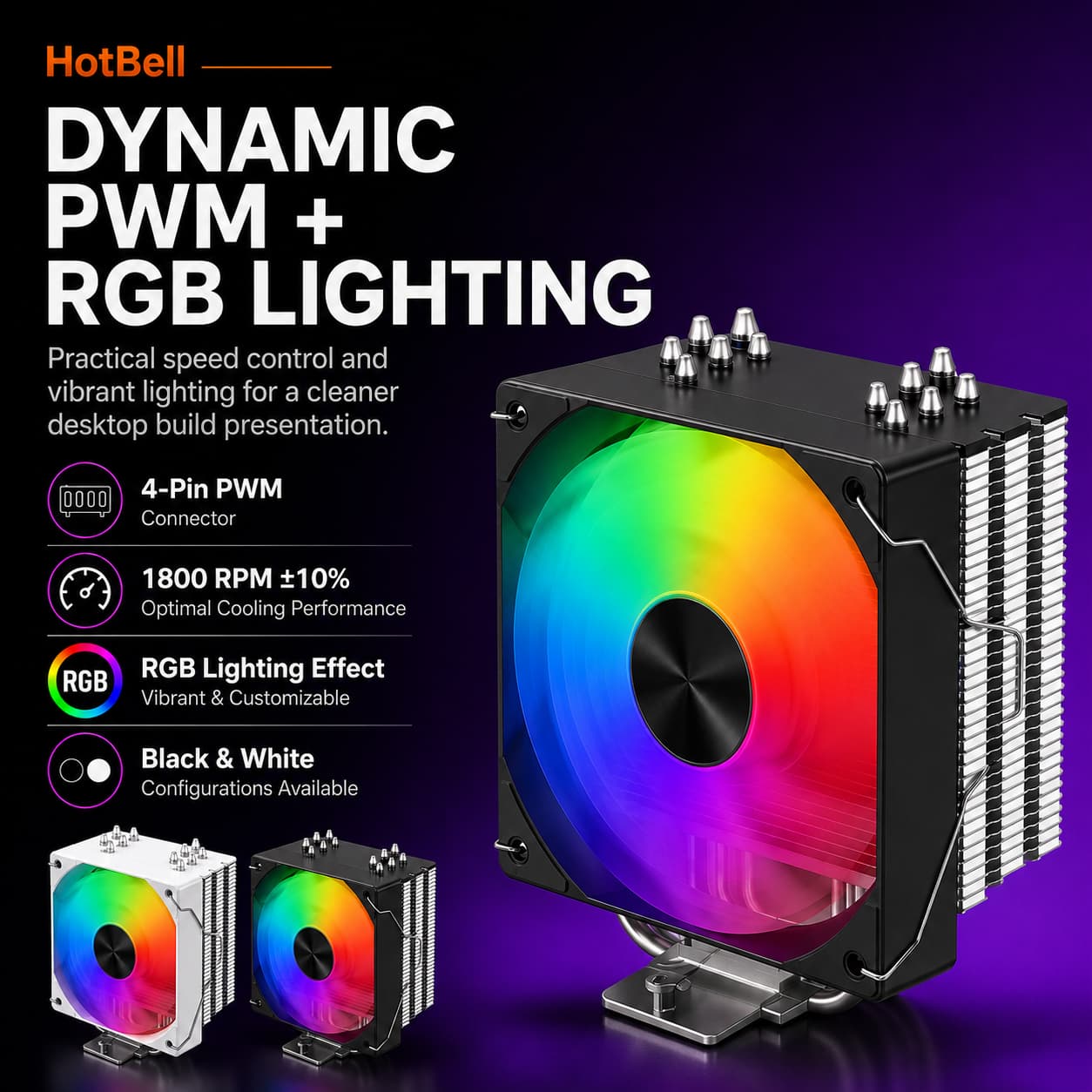 Black HotBell RGB CPU air cooler with 4-pin PWM control, 1800 RPM fan, and black or white color options.