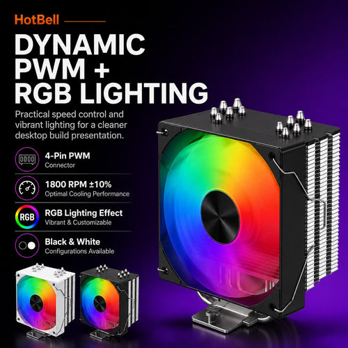 Black HotBell RGB CPU air cooler with 4-pin PWM control, 1800 RPM fan, and black or white color options.