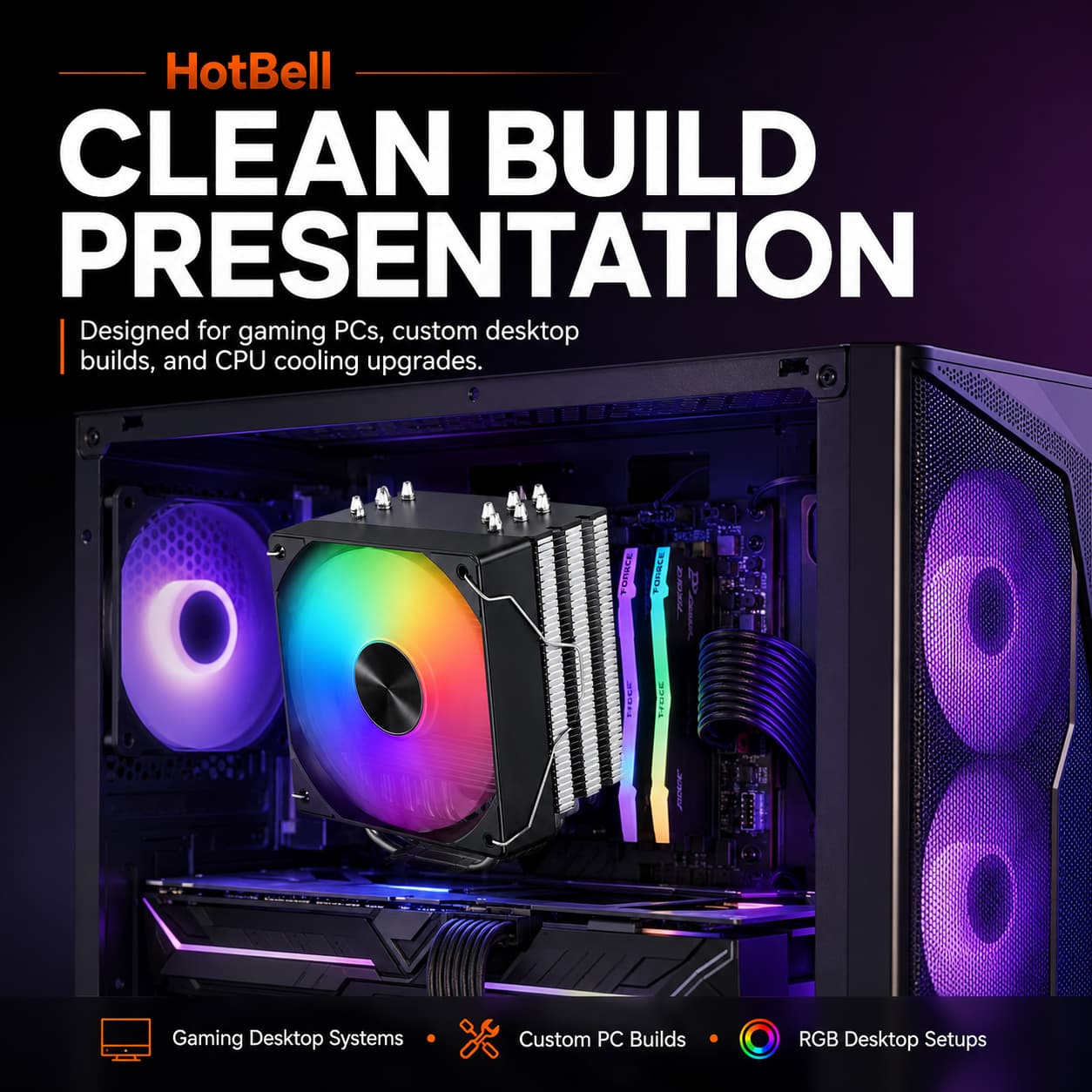 HotBell single-tower RGB CPU air cooler installed inside a custom gaming desktop PC with illuminated components.